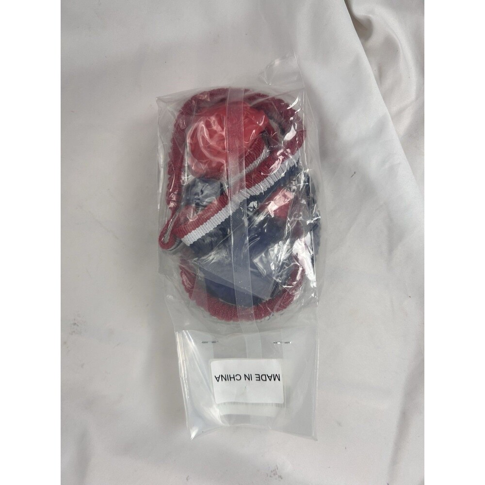 New Dog Tug Toy Rope Ring w/ 2 TPR Rubber Balls Red White Blue Chew